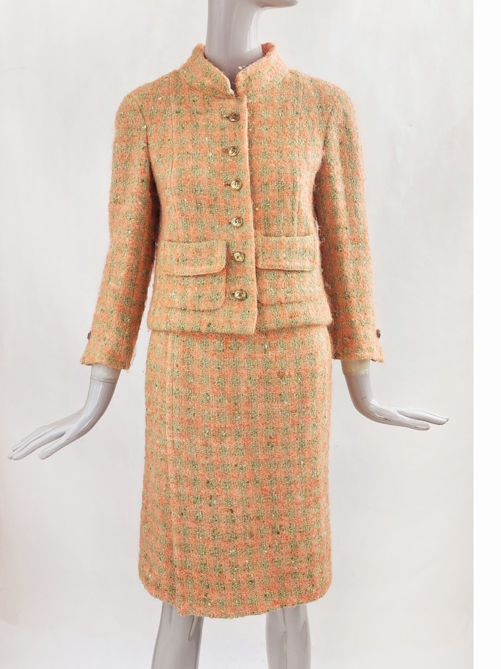 B. Altman & Co Salmon & Green Tweed Suit, blazer skirt ca. 1966 - Picture 1 of 14